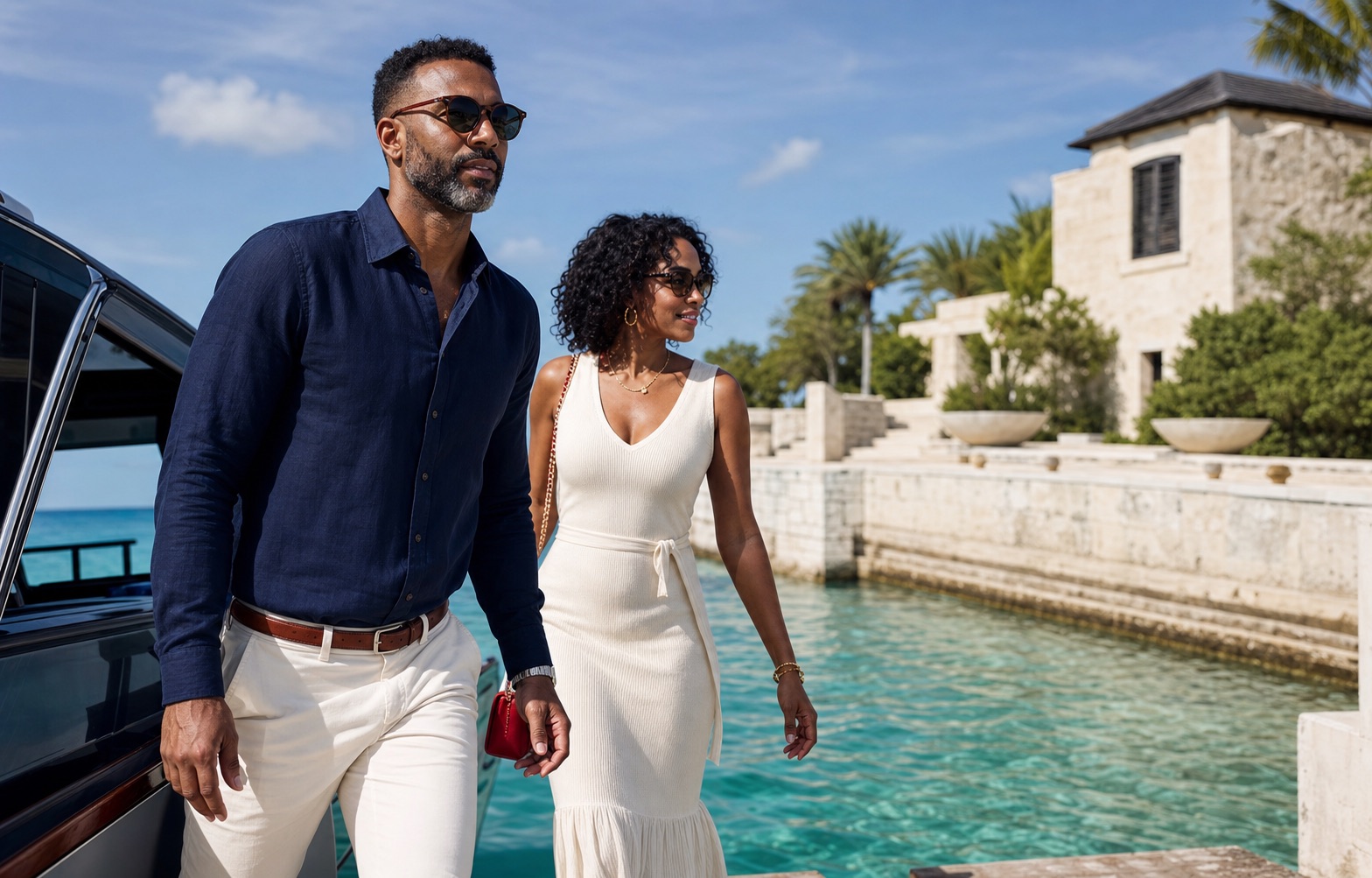 Stylish Black travelers arriving at a refined Grand Cayman waterfront