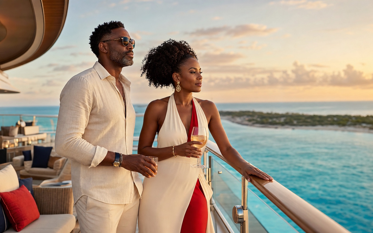 Elegant Black couple enjoying golden hour on a Caribbean cruise deck
