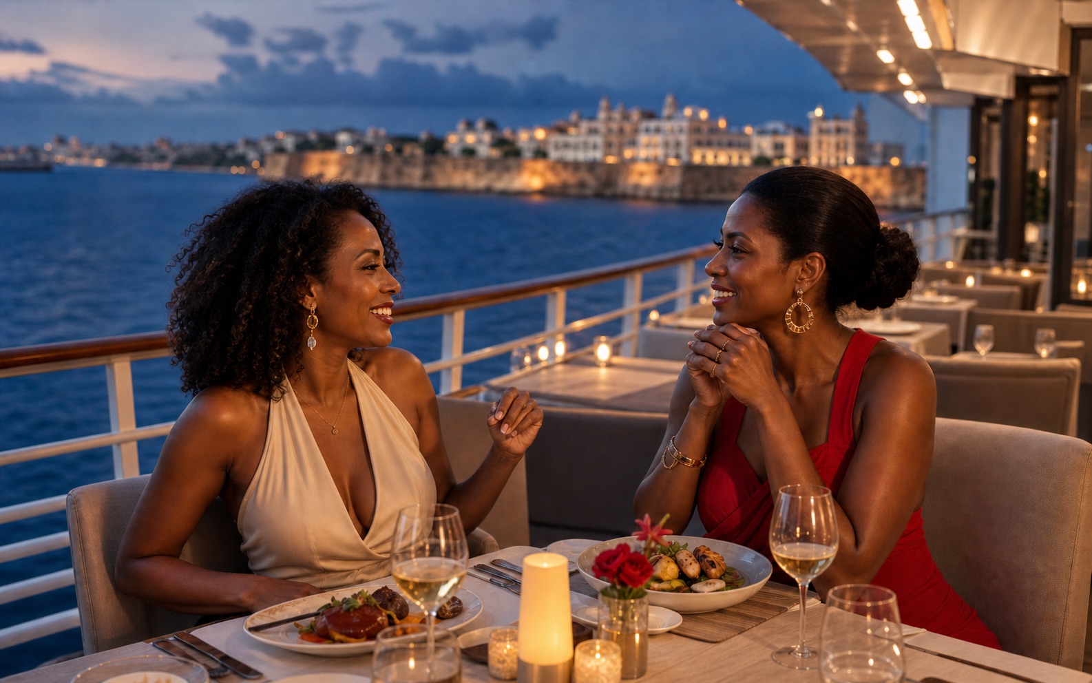 Two stylish Black women dining on an elegant cruise deck beside San Juan