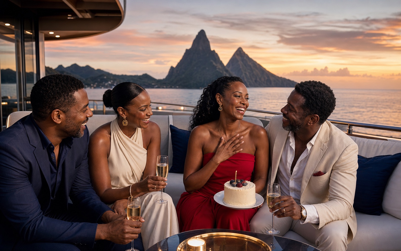 Four elegant Black friends celebrating a birthday on a Southern Caribbean cruise